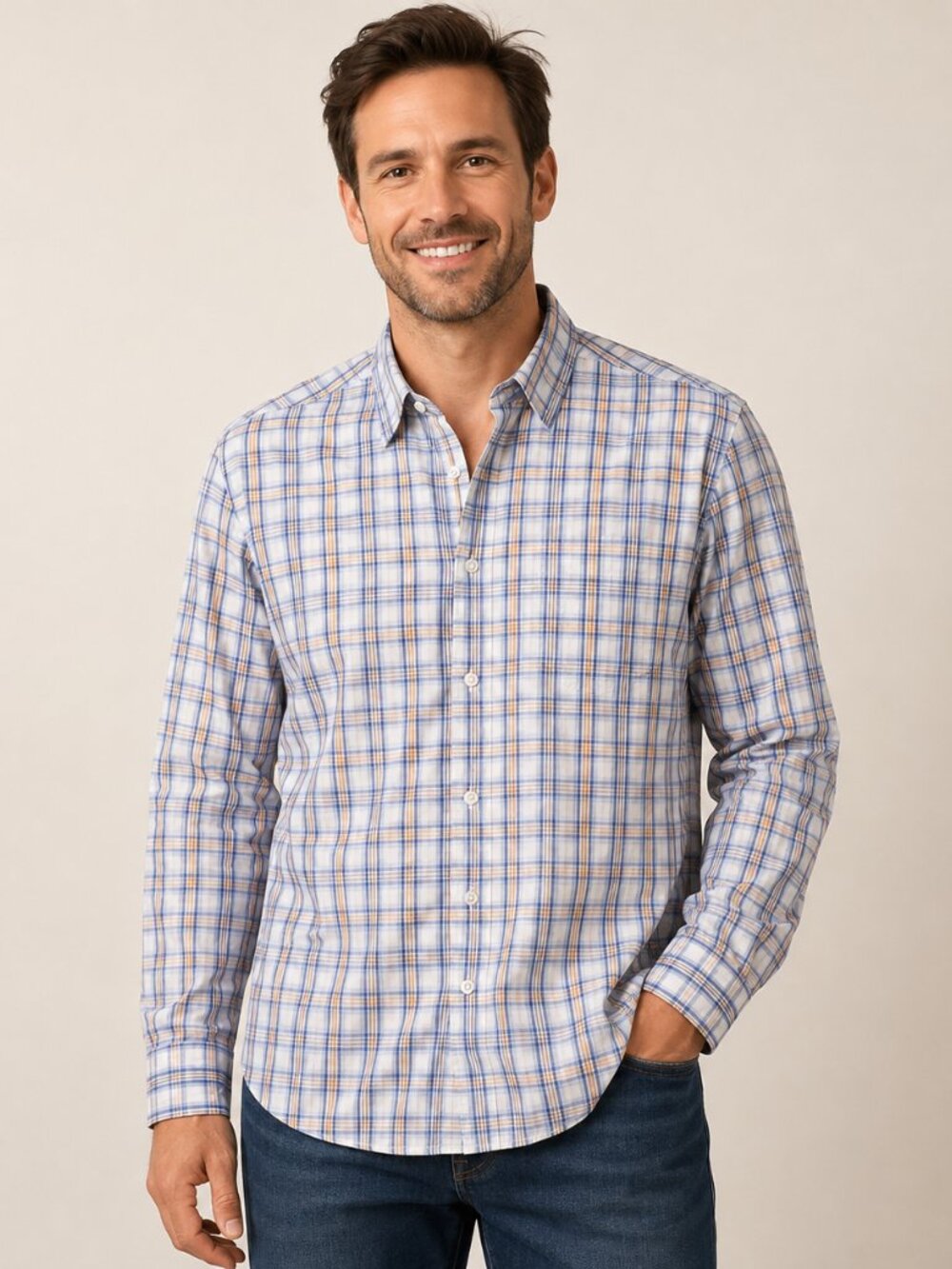 Banana Republic Slim Fit Men's Plaid Button-Up Shirt Size Medium Blue Orange